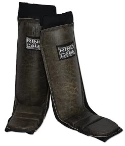 Distressed Leather Grappling Shin Instep - Stretchable Covered Back